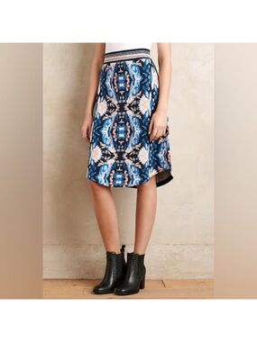 Blue Patterned High-Low Skirt with Striped Waistband